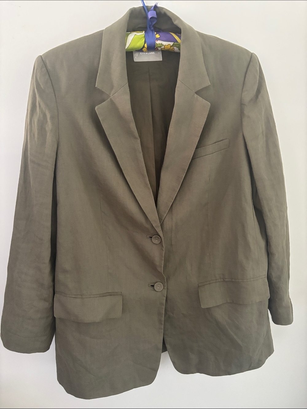 Everlane linen blazer, olive green, pockets, size 12